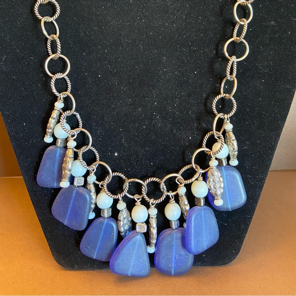 Blue stone beads statement piece necklace with large link 19" chain